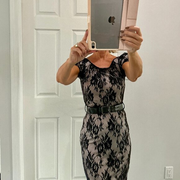 Mango black/blush cocktail lace dress with belt, short sleeves size xs - Picture 10 of 11